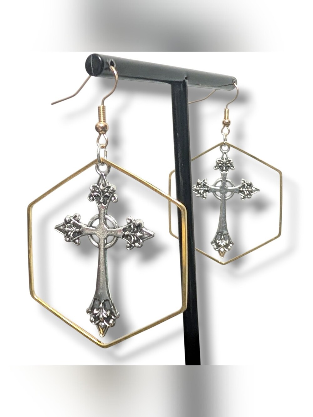 NWT Handmade Layered Silver Cross And Gold Hexagon Drop Earrings